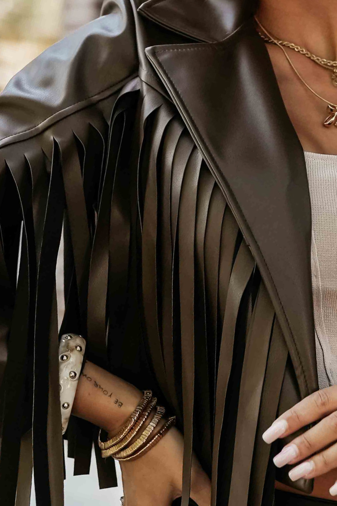 624-4 Short jacket with fringes made of soft eco-leather - chocolate