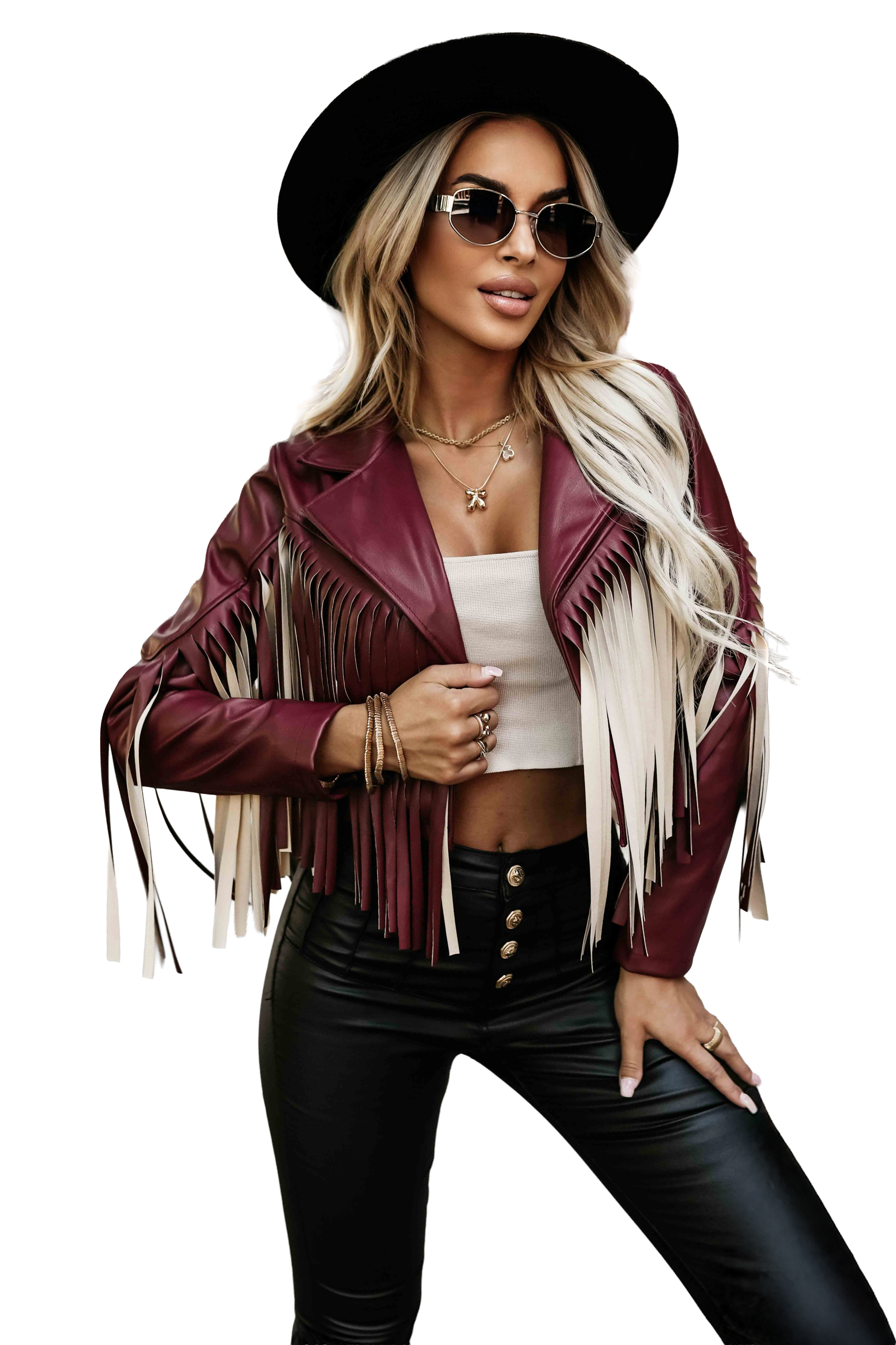 624-2 Short jacket with fringes made of soft eco-leather - burgundy