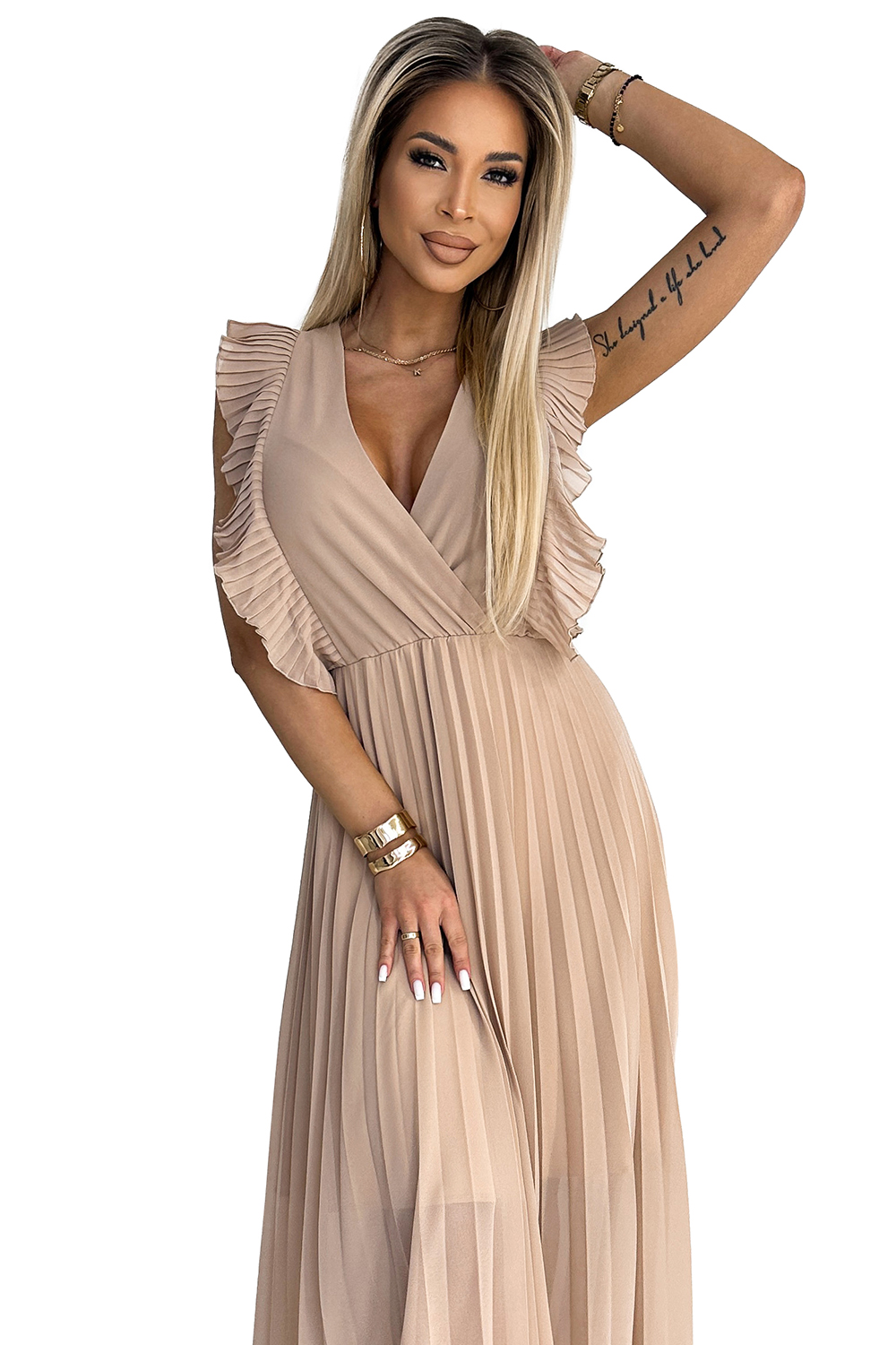 315-6 EMILY Pleated dress with ruffles on the shoulders and neckline - beige