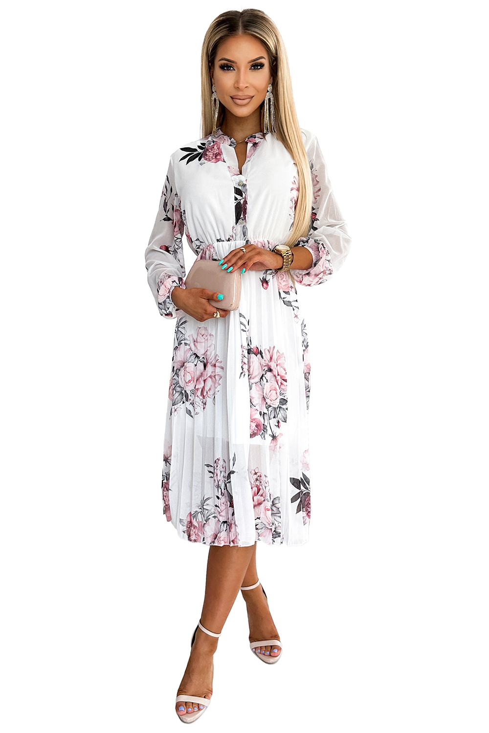 449-6 CARLA Pleated midi dress with buttons and long sleeves - roses on a white background