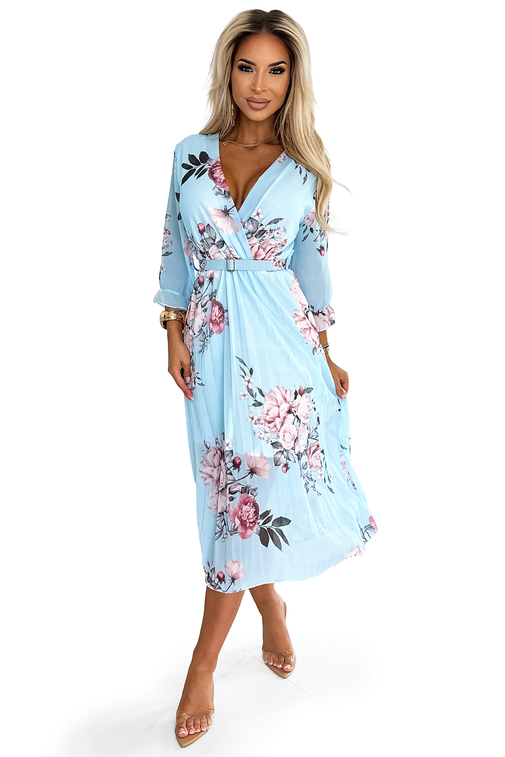 Pleated midi dress with a neckline and belt Numoco