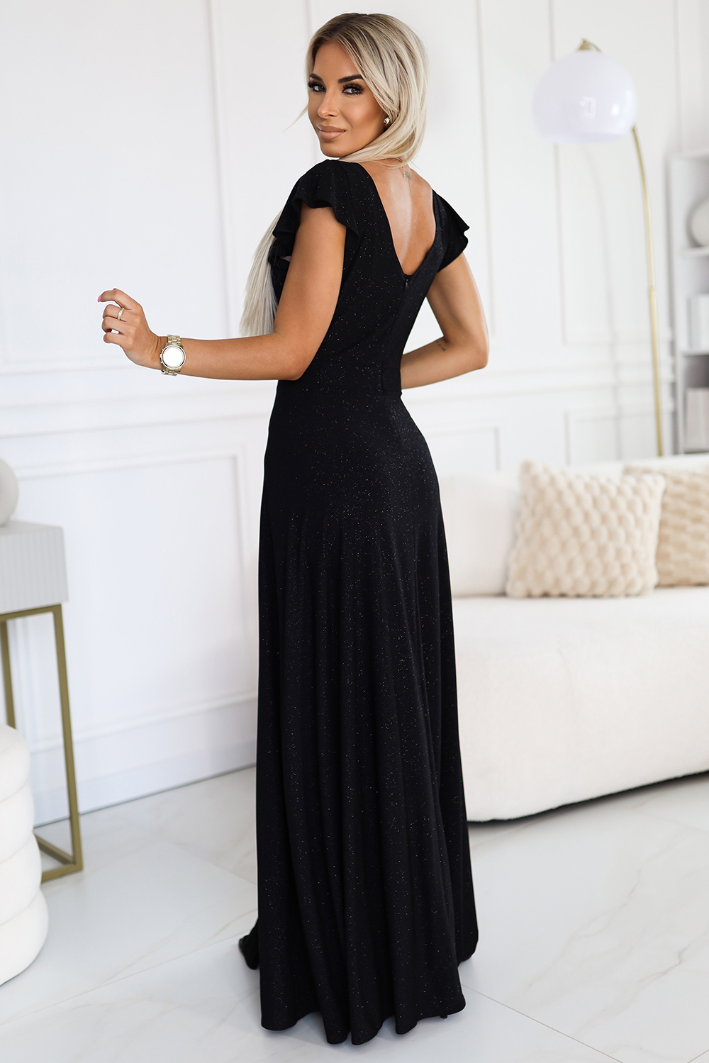 411-12 CRYSTAL Shiny Long Dress Neckline - BLACK