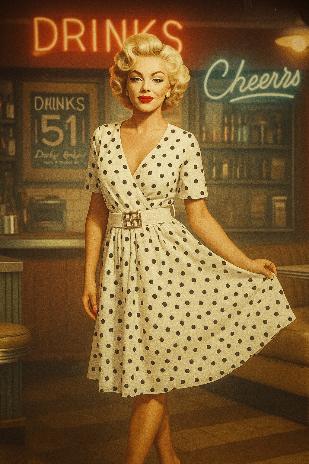 604-2 Sensual black polka dot dress with a wrap neckline and decorative belt - white