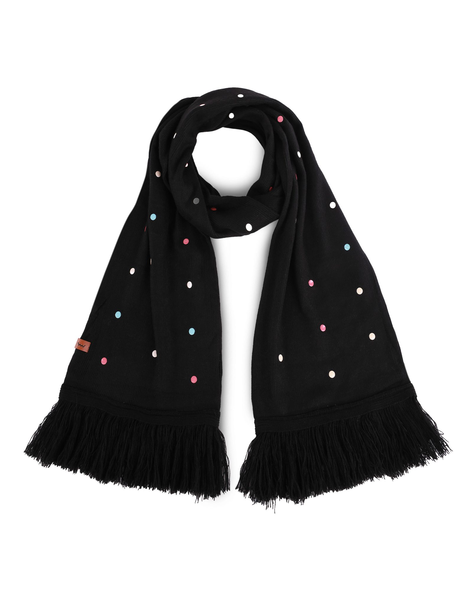 Čierny šál s bodkami a strapcami