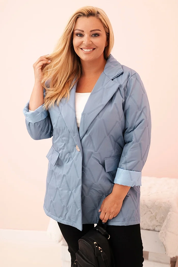 Kesi Włoski Dámská bunda Plus Size prošívaná s límcem a knoflíkem džínová