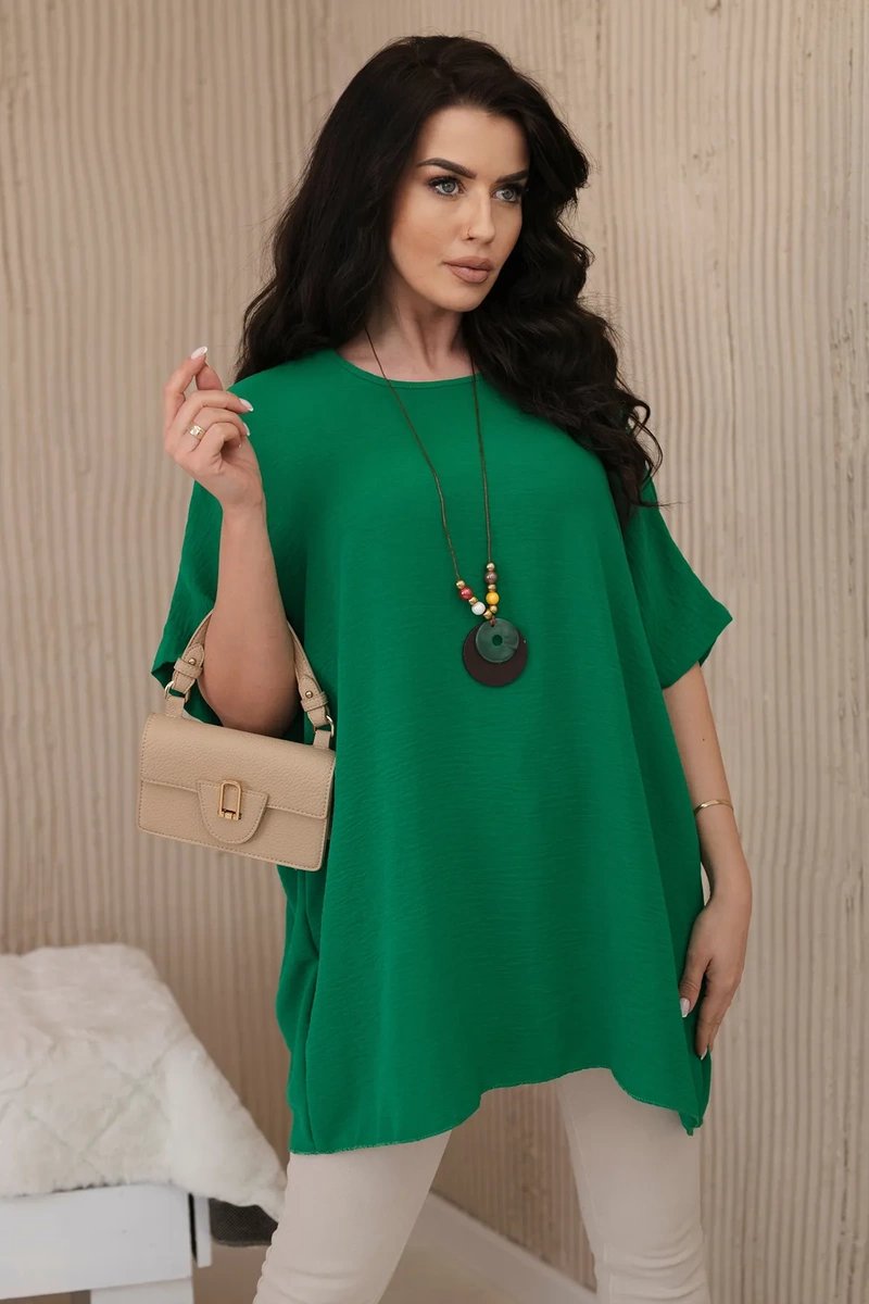 Oversized Blouse With A Pendant In Dark Green Color