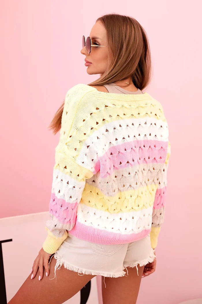 Kesi Włoski Women's striped openwork sweater with a V-neck yellow + pink