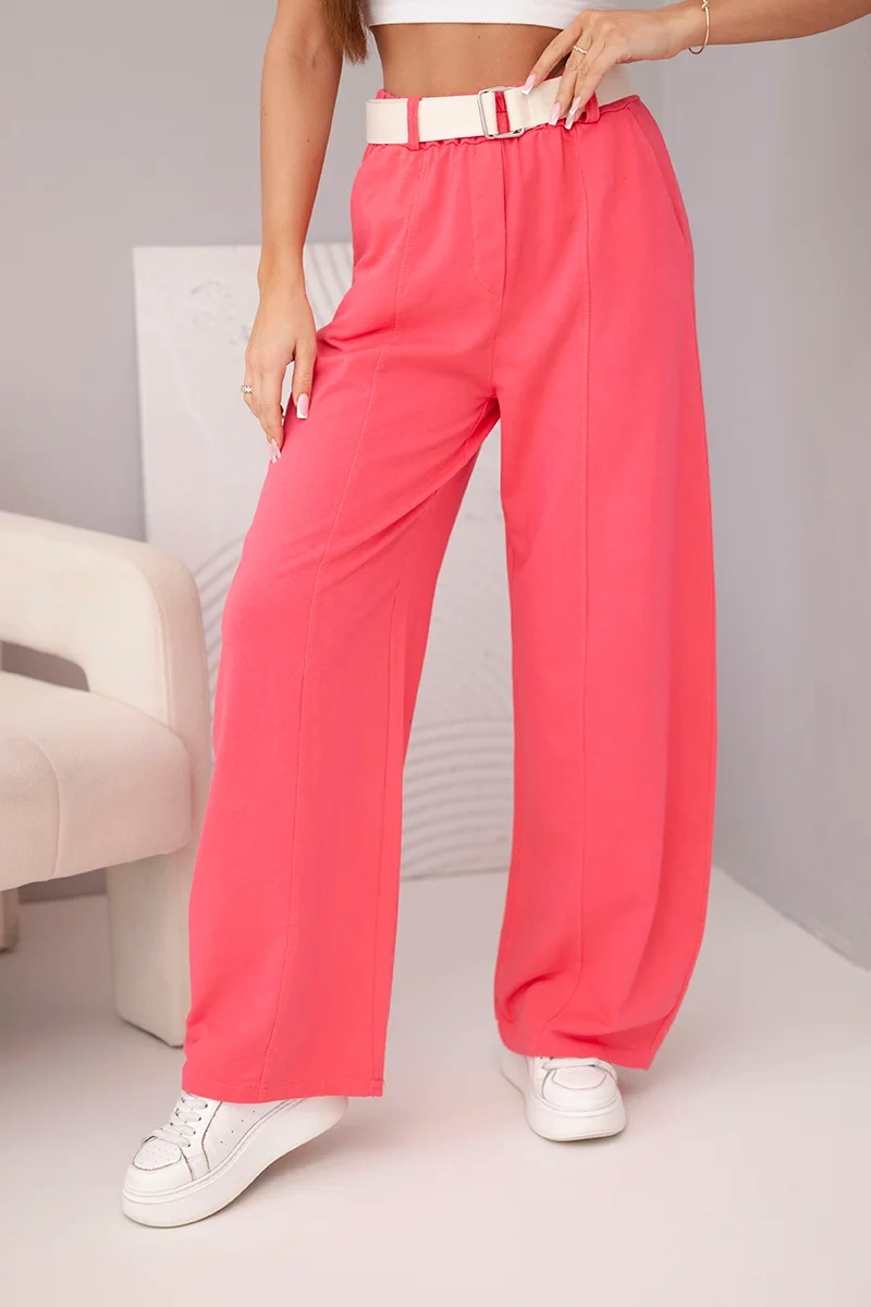 Дамски широк панталон Kesi с колан, малинов цвят