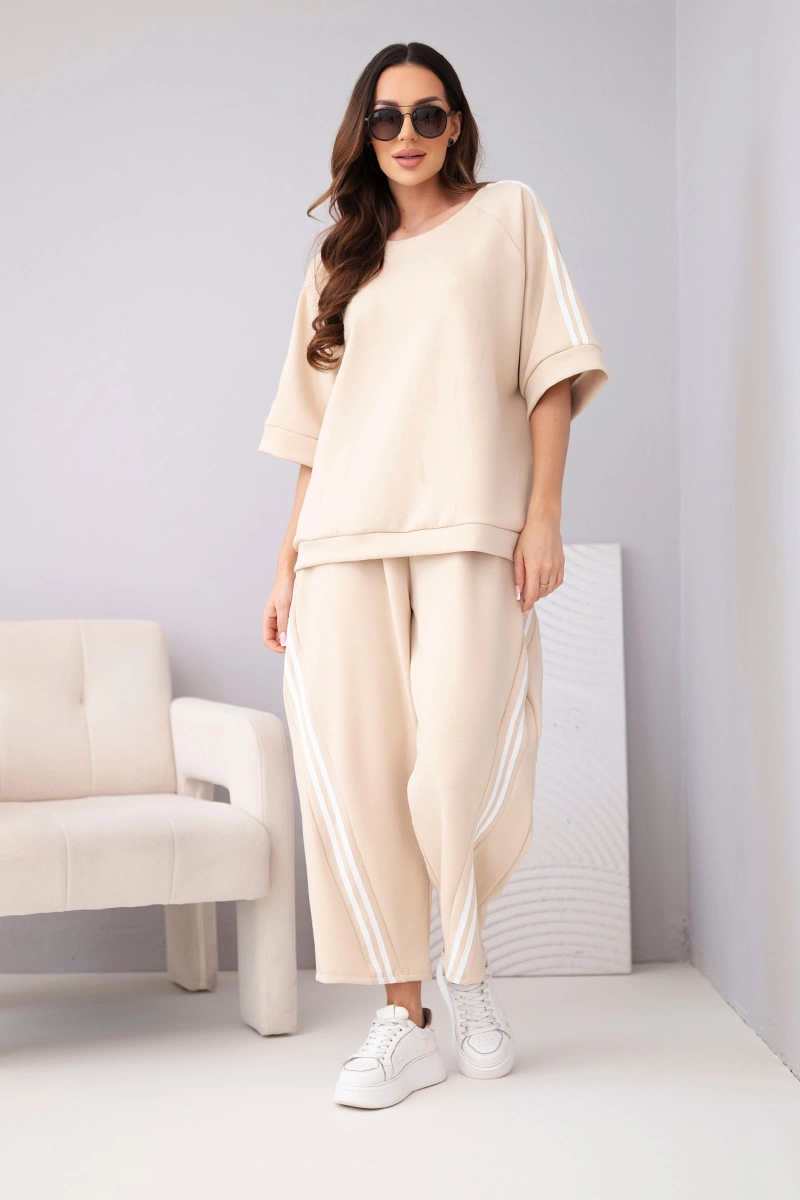Дамски комплект Kesi от суитшърт и панталон с райета в бежов цвят
