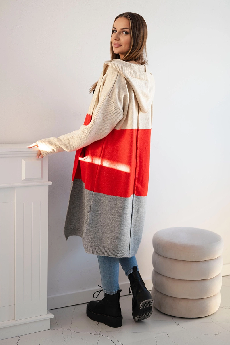 Striped Hooded Sweater Beige+Red+Pink