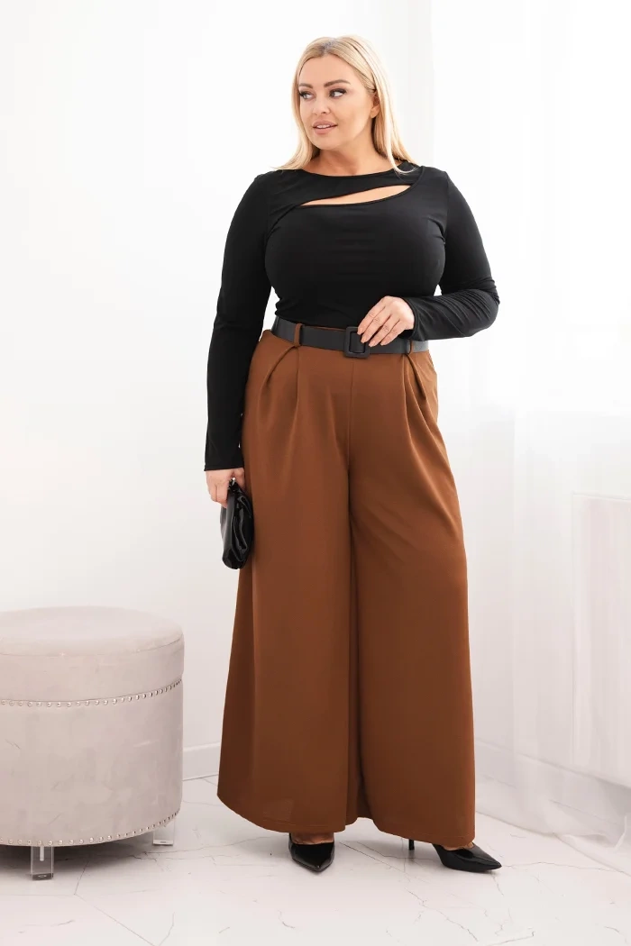 Kesi Włoski Plus Size women's pants with wide leg and belt chocolate