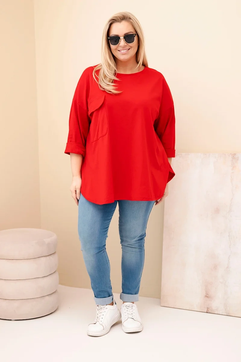 Kesi Włoski Dámska blúzka Plus Size z bavlnou s vreckom a podvinutým rukávom červená