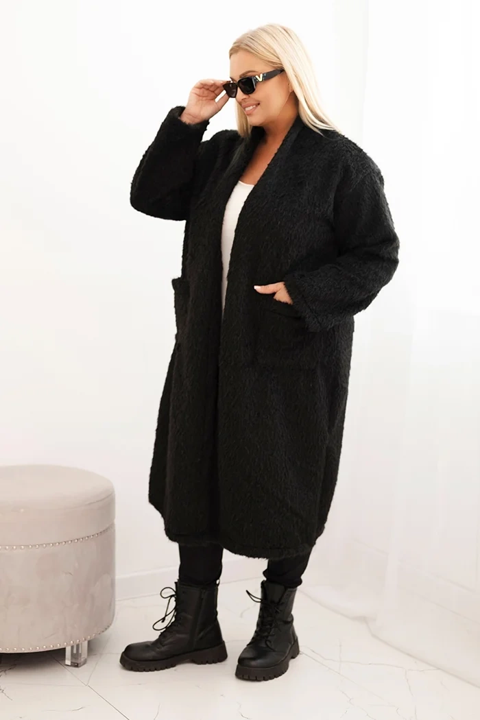 Kesi Włoski Dámský kabát Plus Size z viskózy bez zapínání s kapsami černý