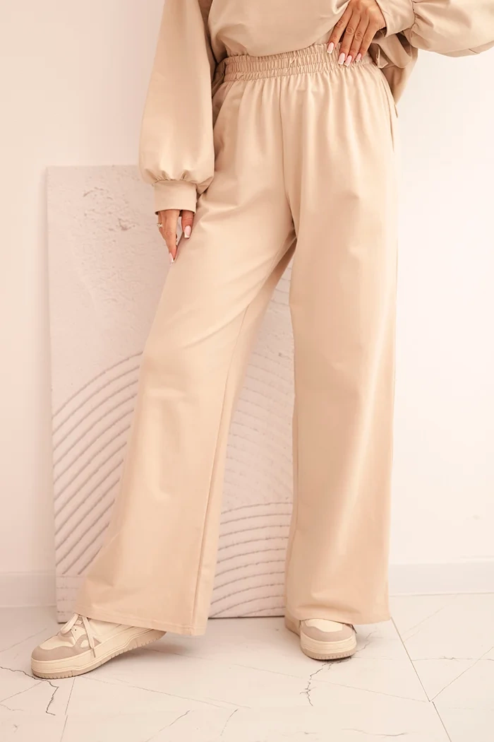 Polski Women&#039;s cotton set with wide legs and long-sleeve sweatshirt beige