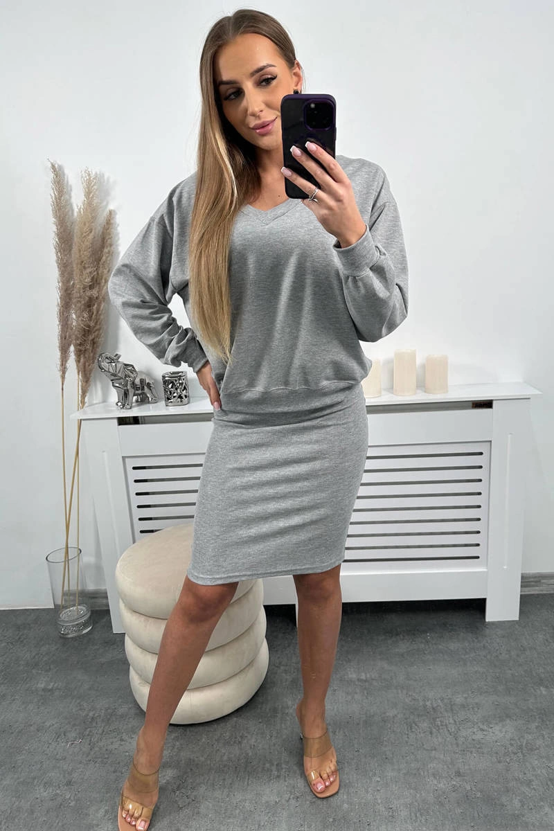 Blouse + ribbed dress set gray