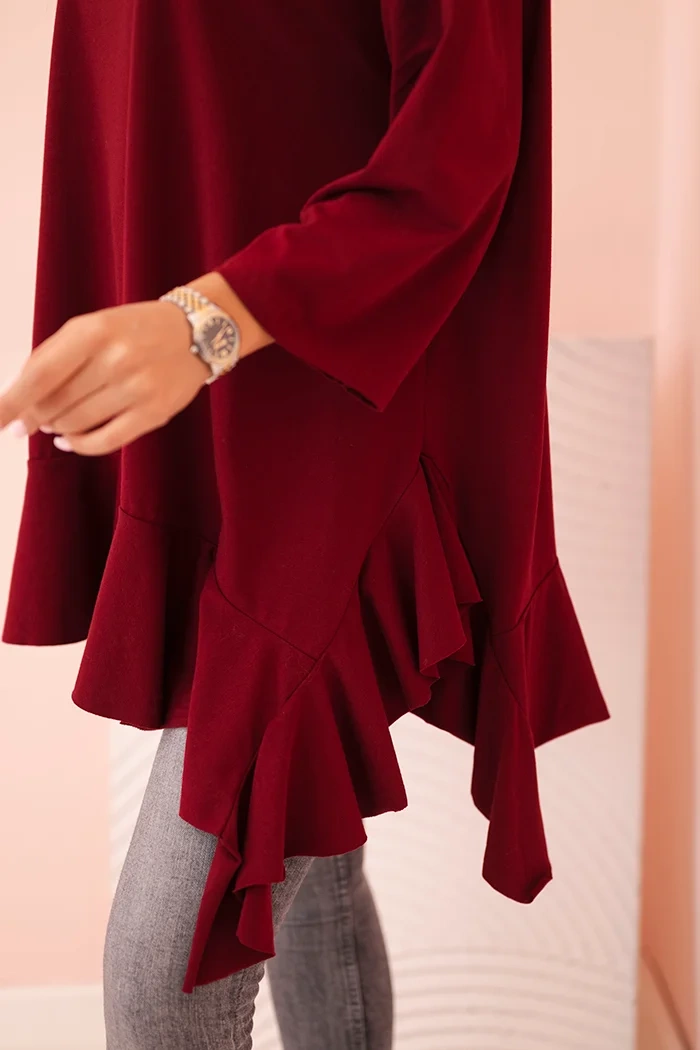 Kesi Włoski Plus Size women's blouse with cotton, frill, and rolled-up sleeves burgundy
