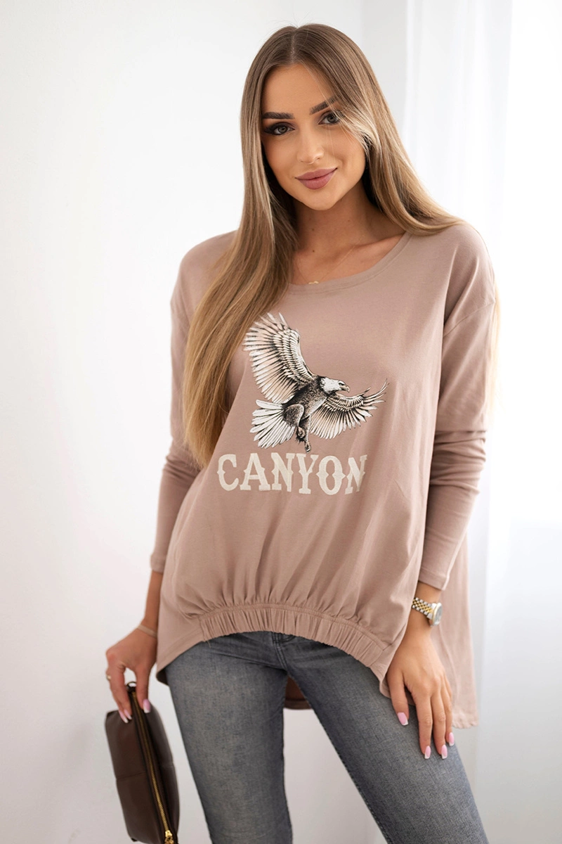Kesi Women's blouse with eagle and Canyon inscription camel