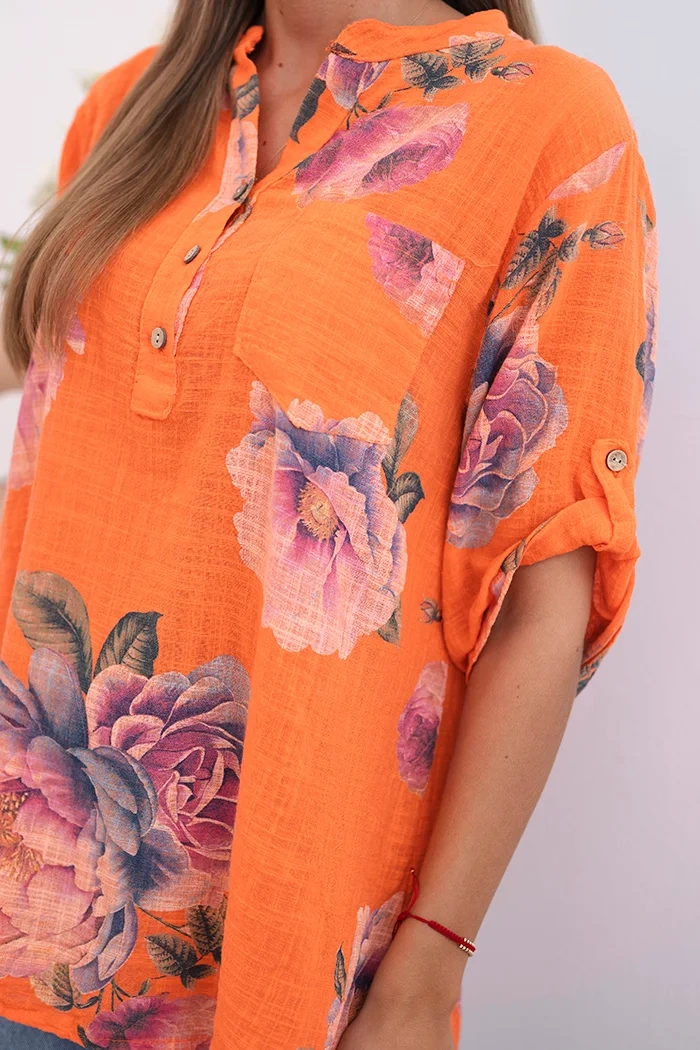 Kesi Włoski Women's cotton blouse with a floral pattern orange