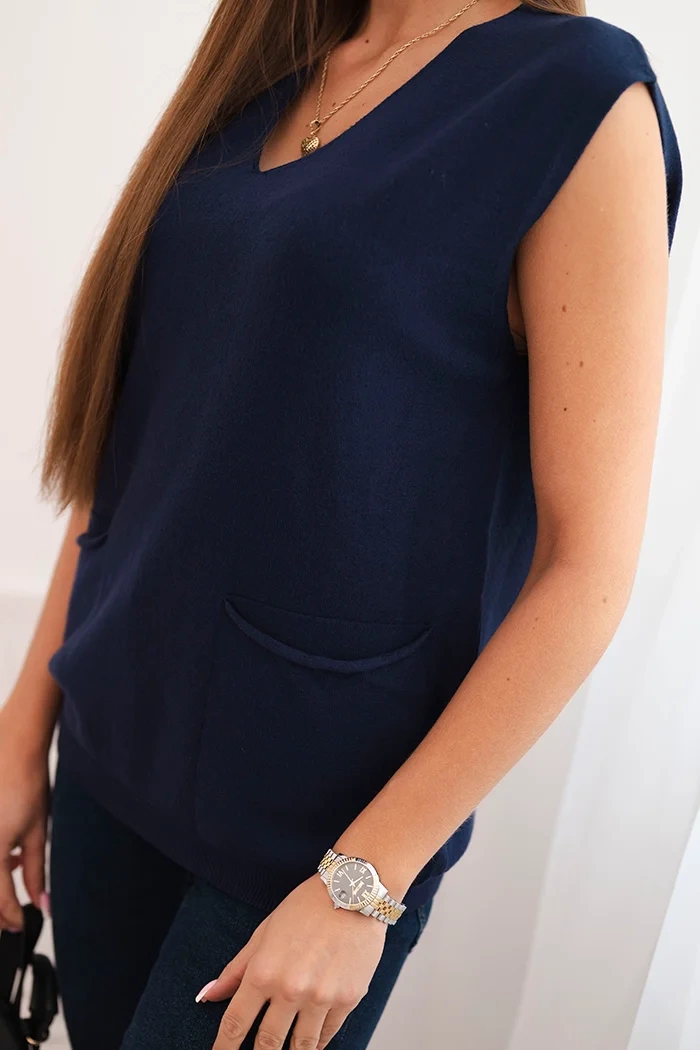 Kesi Włoski Women's sleeveless viscose sweater with pockets and a V-neck navy blue