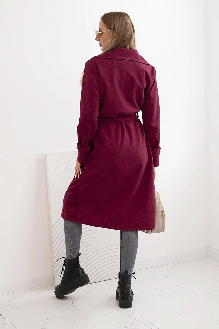 Kesi Włoski Women's coat tied at the waist with a collar and buttons burgundy