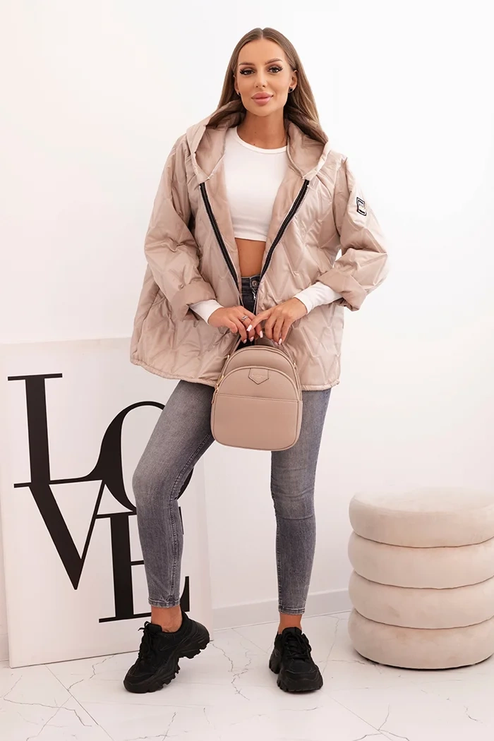 Kesi Włoski Women's quilted jacket with a hood dark beige