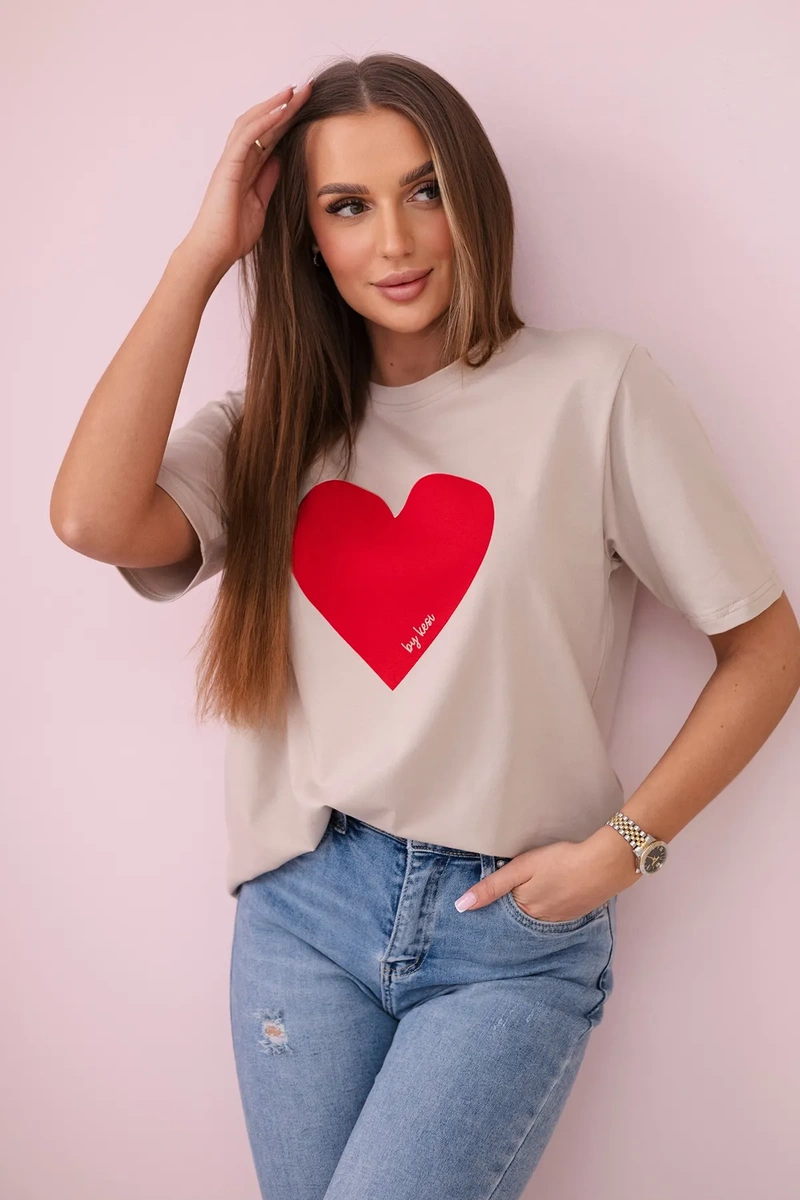 Cotton blouse with beige heart print