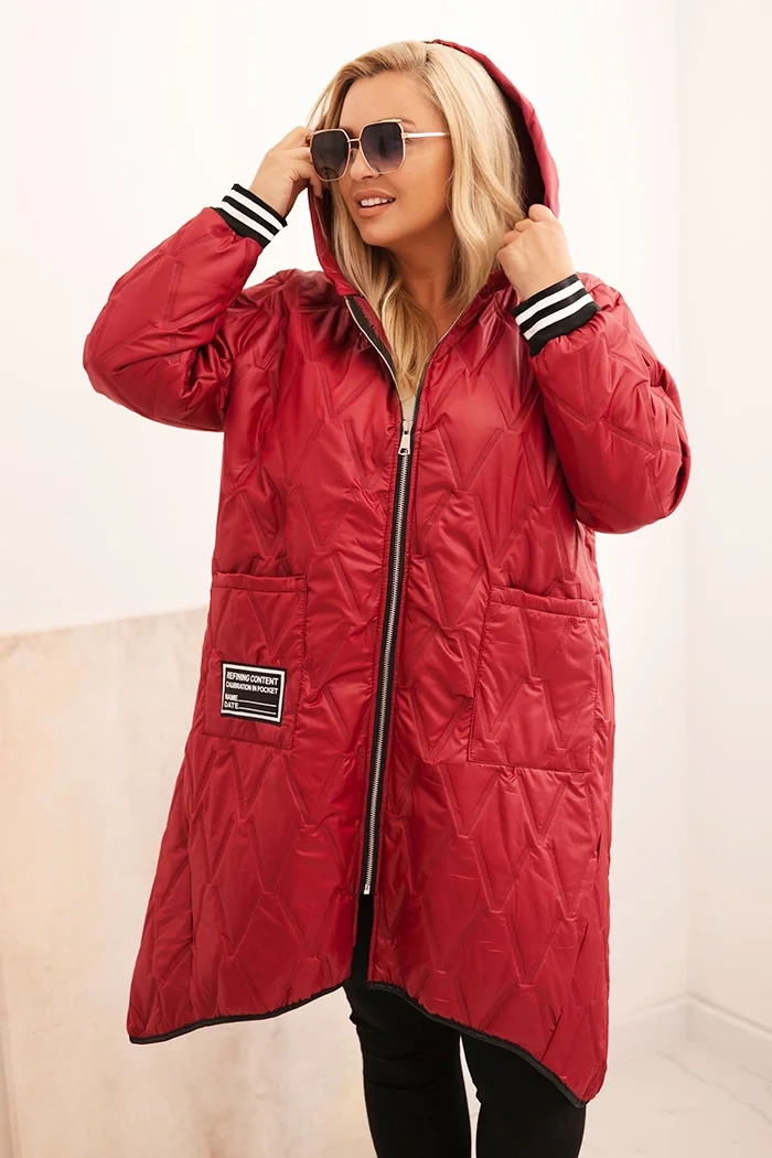 Kesi Włoski Womens Plus Size quilted jacket with a hood and sporty cuffs red