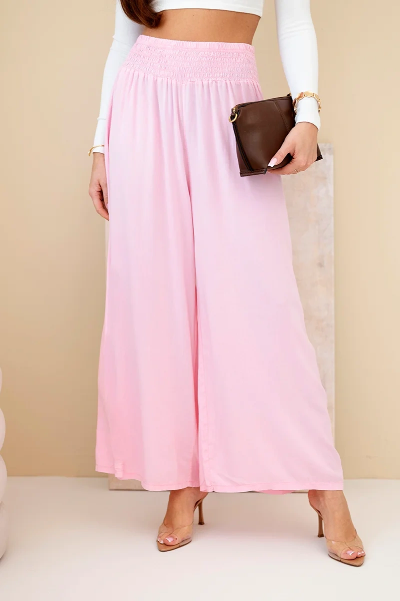 Дамски вискозен панталон палацо в светло розов цвят
