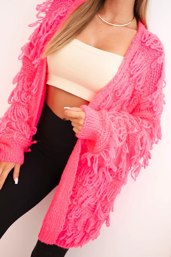 Kesi Włoski Women's cardigan with fringes and loose fit neon pink