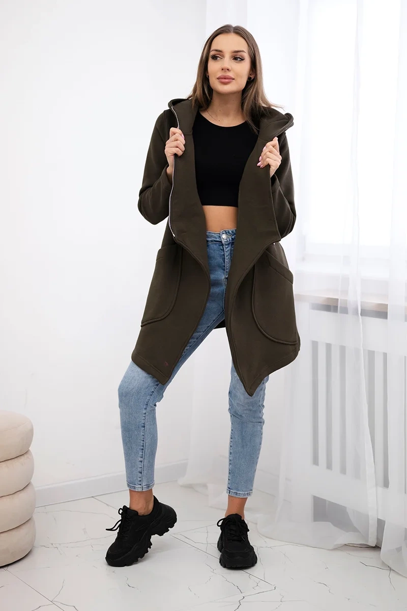 Insulated sweatshirt with asymmetrical zipper in khaki color