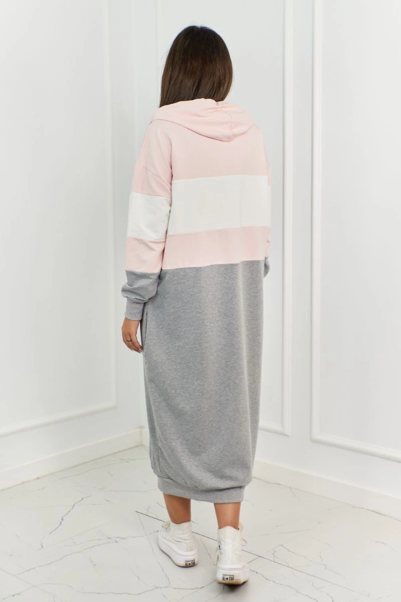 Three-color hooded dress powder pink + ecru + gray