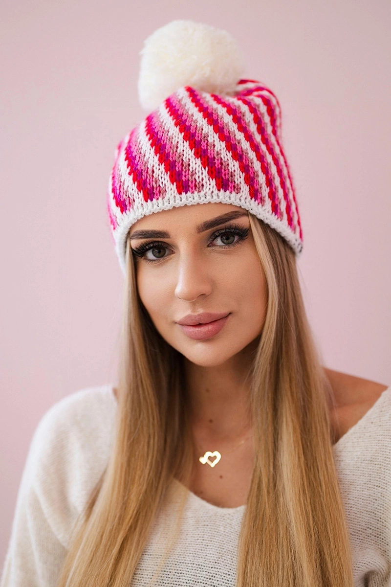 marka niezdefiniowana Dámská čepice s bambulí Hanna K328 bílá+fuchsiová