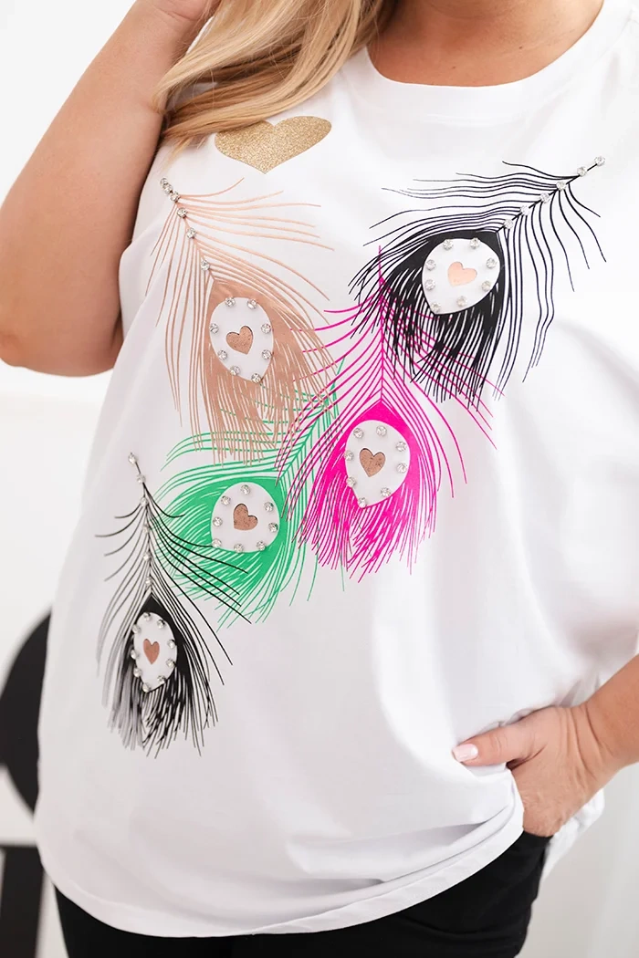 Kesi Włoski Women's Cotton Plus Size Blouse with Feather Motif white + pink