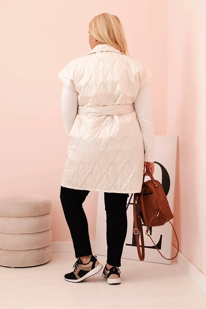 Kesi Włoski Plus Size women's quilted vest with belt and collar light beige