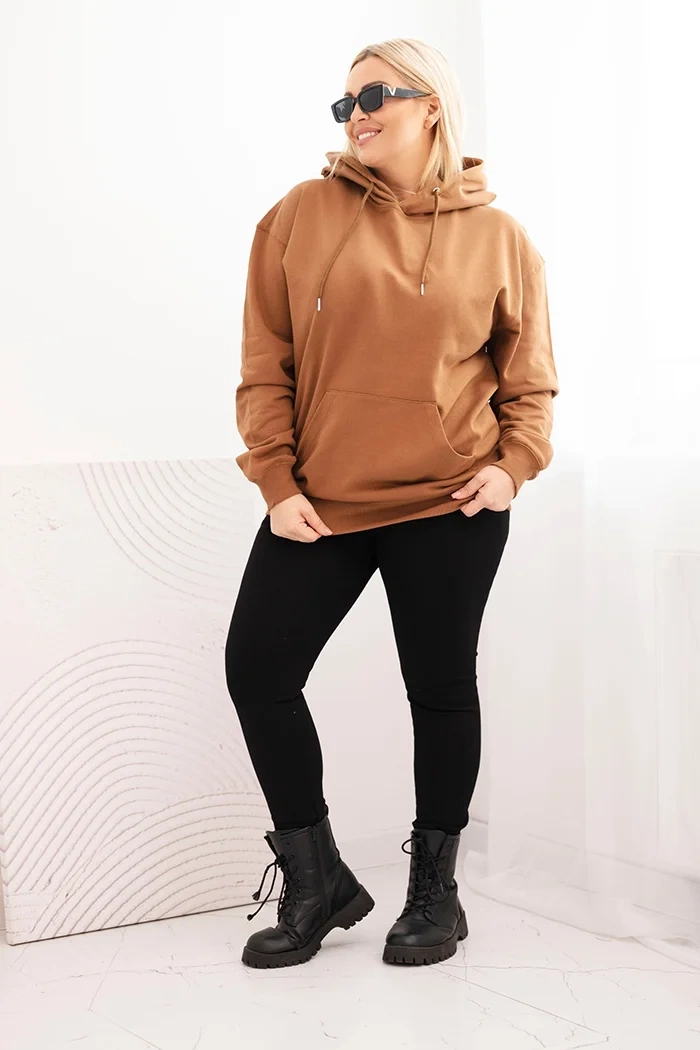 Kesi Włoski Women's Plus Size looped cotton hoodie with kangaroo pocket camel