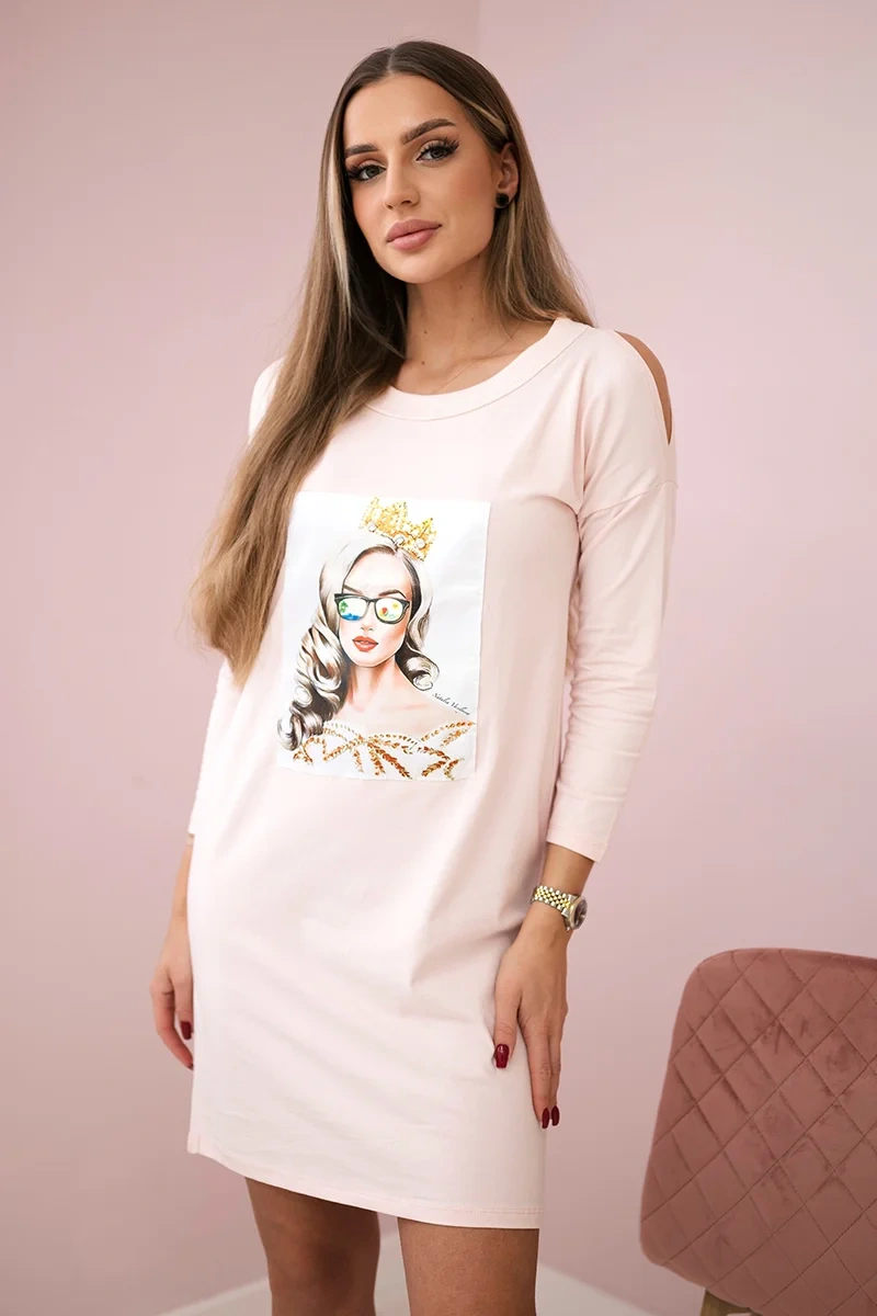 Dress with graphics of a girl in glasses 3D powder pink