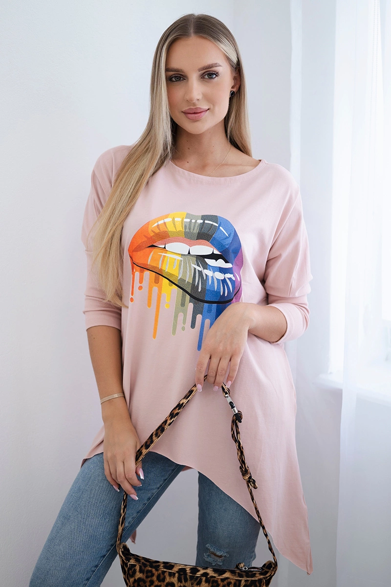 Oversize blouse with rainbow lip print dark powder pink