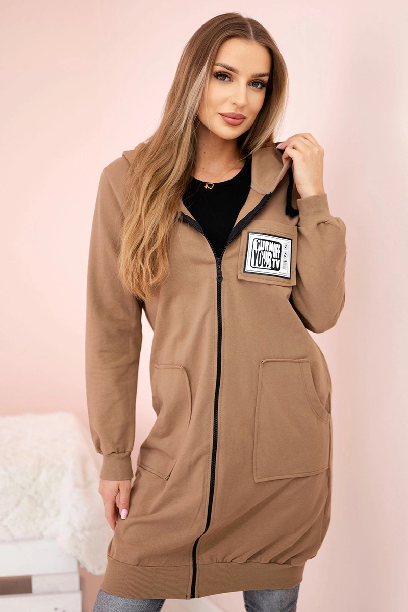 Kesi Women&#039;s longer sweatshirt with hood and zipper camel
