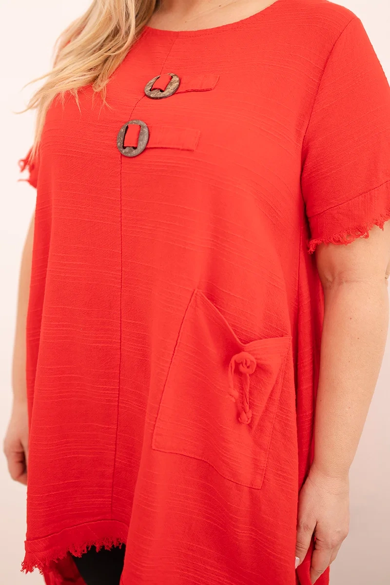 Kesi dámske plus size šaty s dlhším chrbtom a vreckom červené