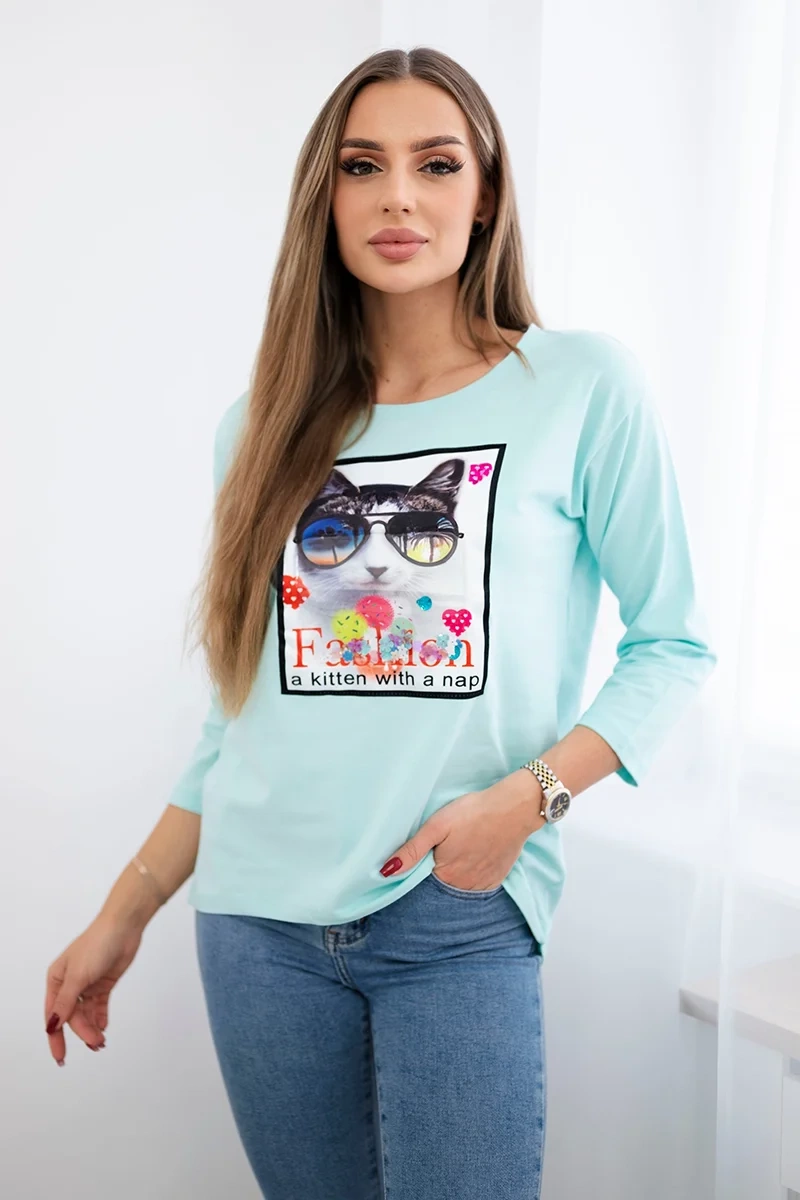 Blouse with cat graphics 3D mint