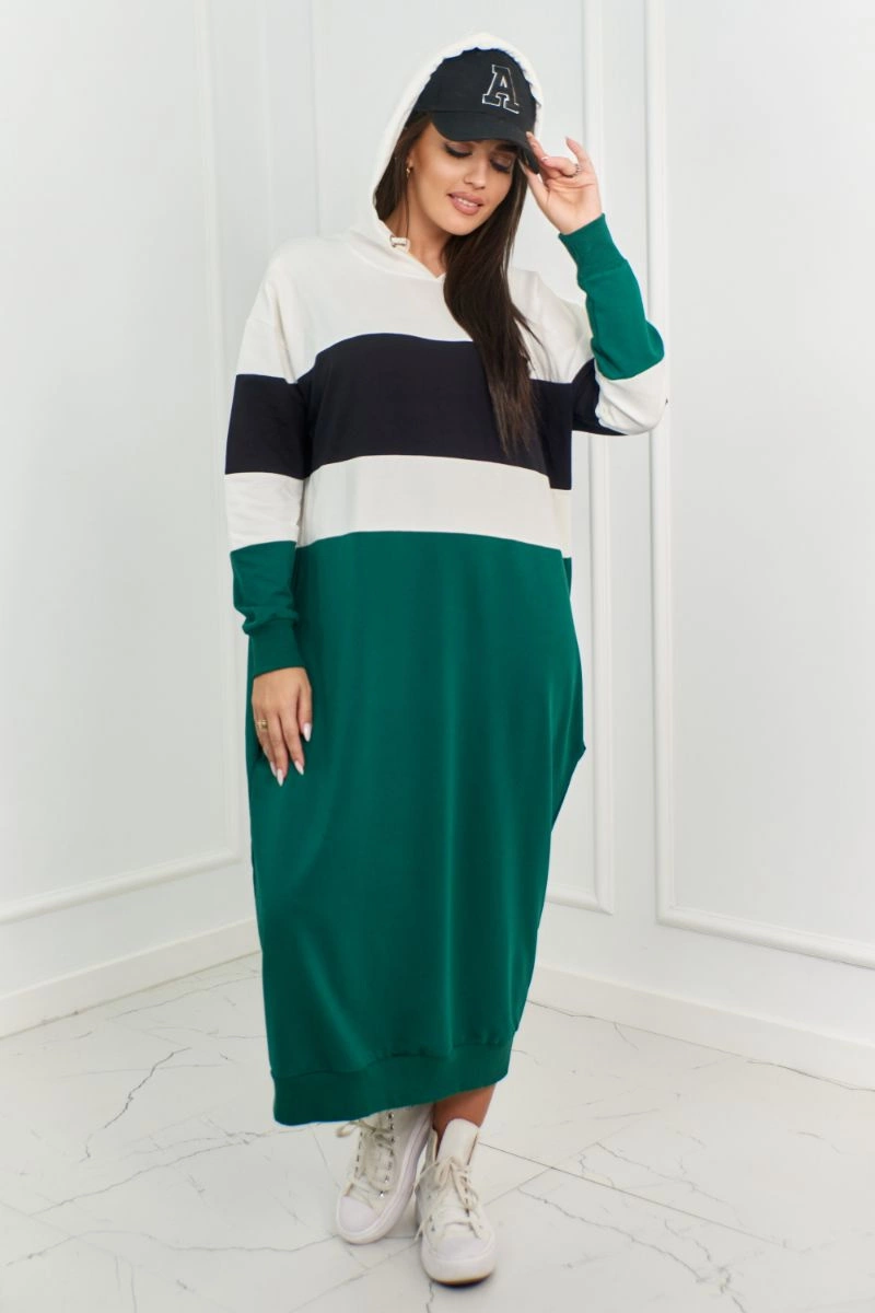 Three-color hooded dress ecru + black + dark green