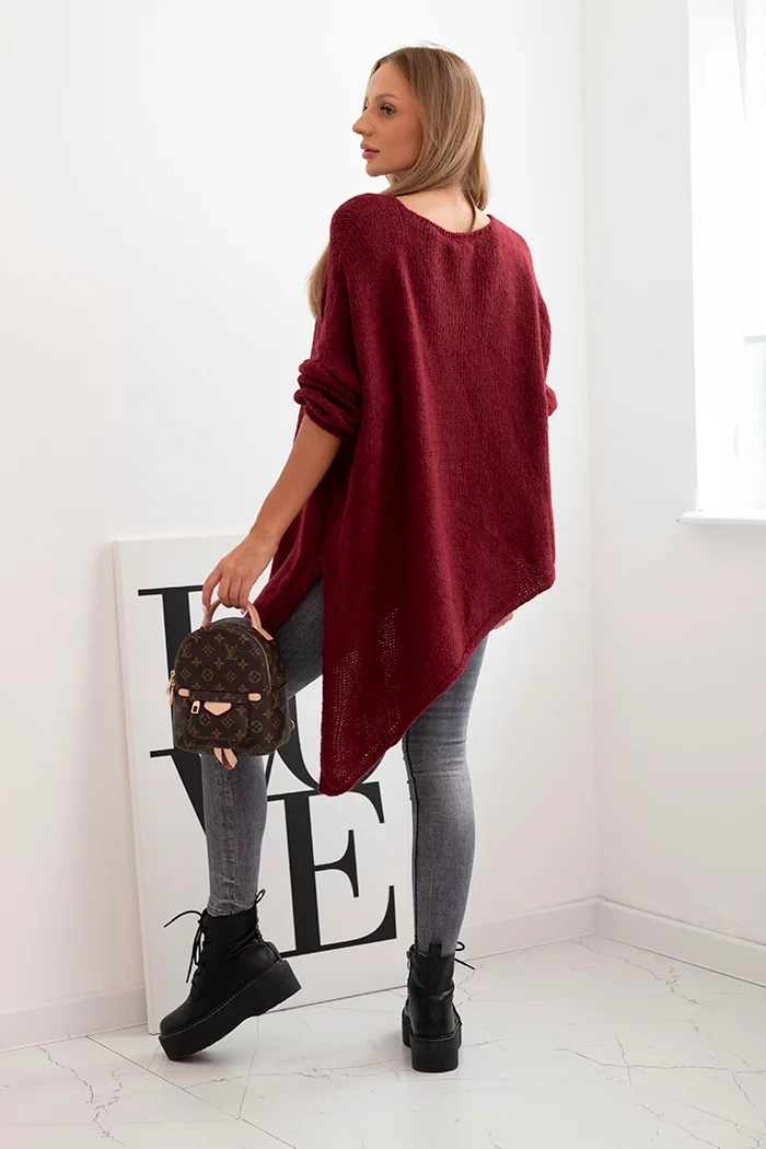 Kesi Włoski Women's asymmetrical wool sweater Plus Size with V-neck burgundy