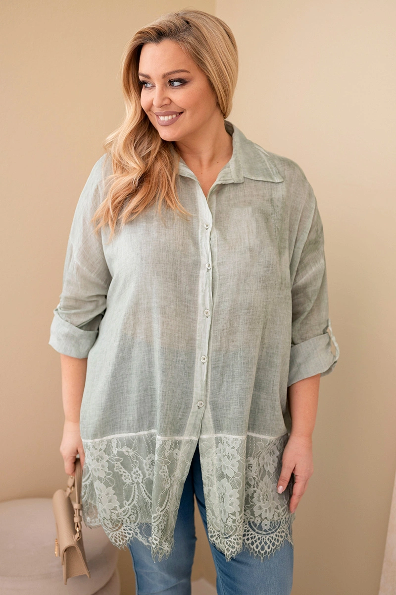 Kesi Włoski Women's Plus Size cotton faded shirt with lace finish khaki