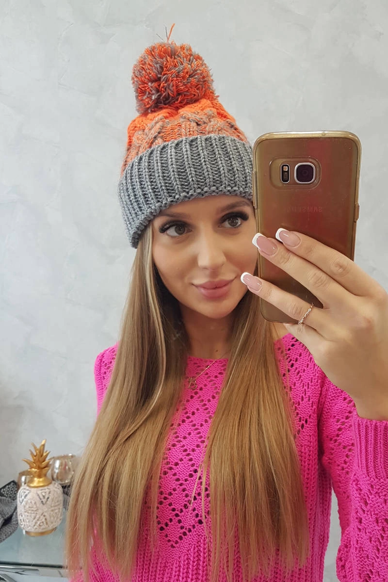 Kesi Cap with a pompom Abigail K326 grey+orange neon