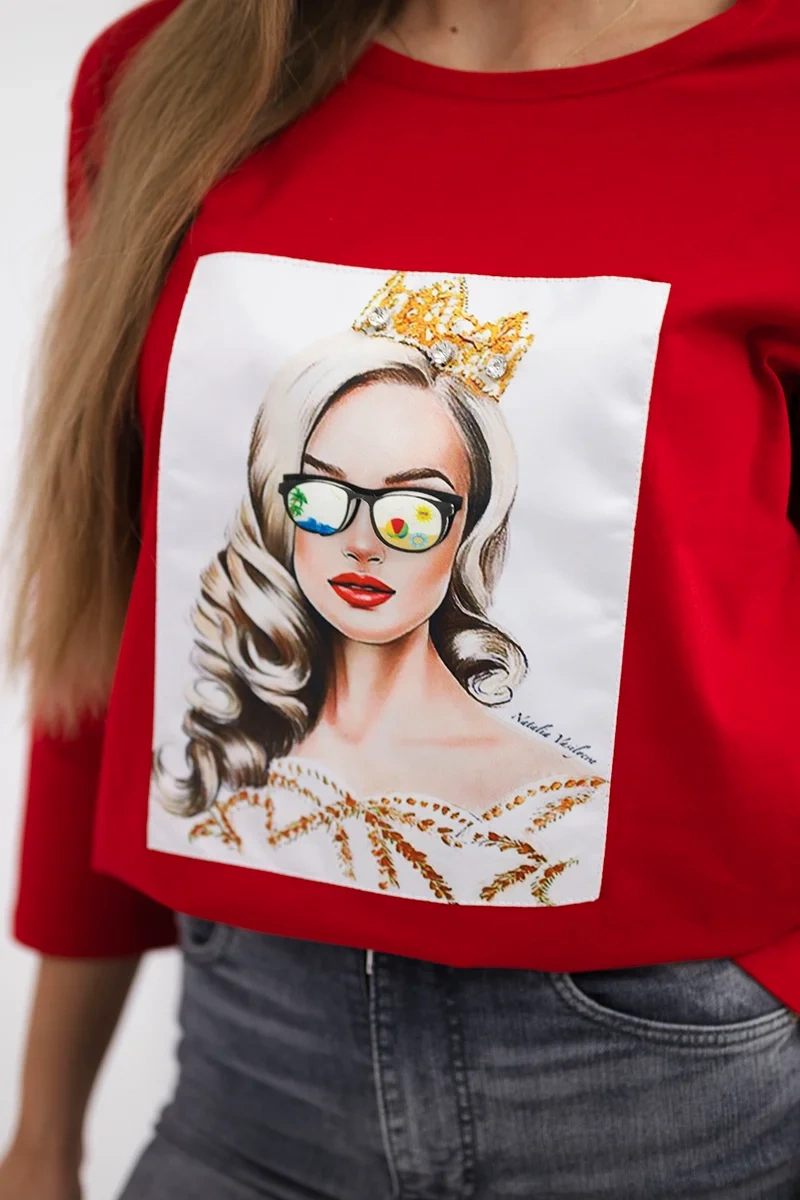 Blouse with graphics of a girl in glasses 3D red