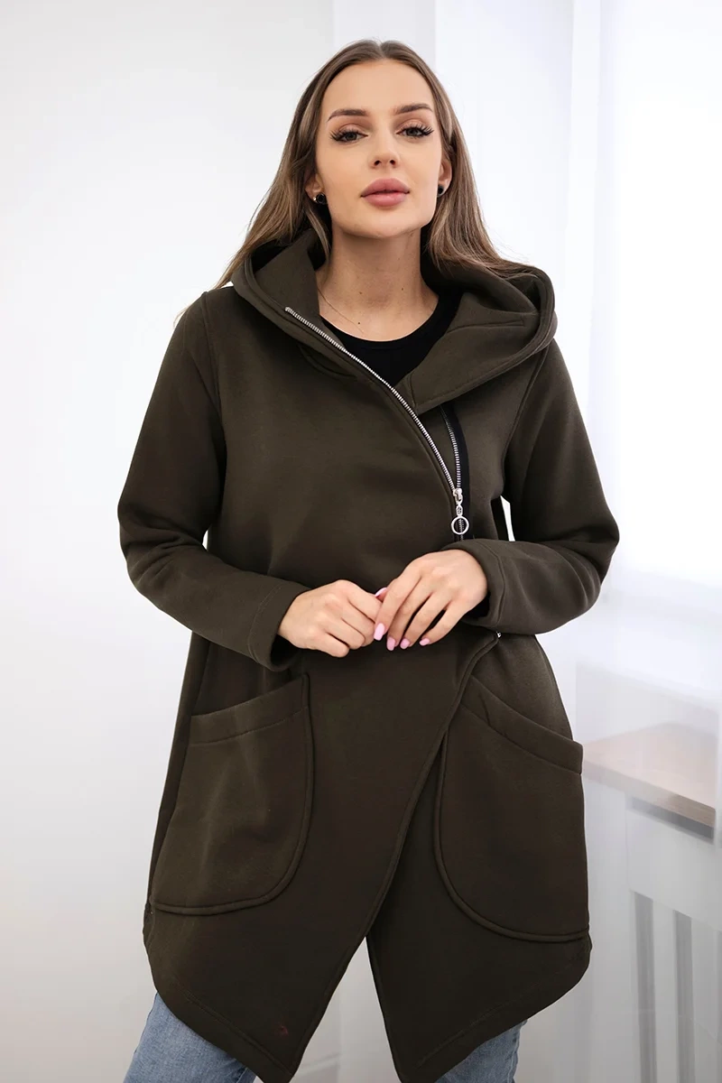 Insulated sweatshirt with asymmetrical zipper in khaki color