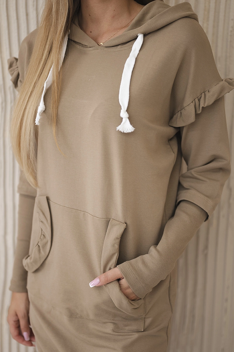 Dress with decorative ruffles and camel hood