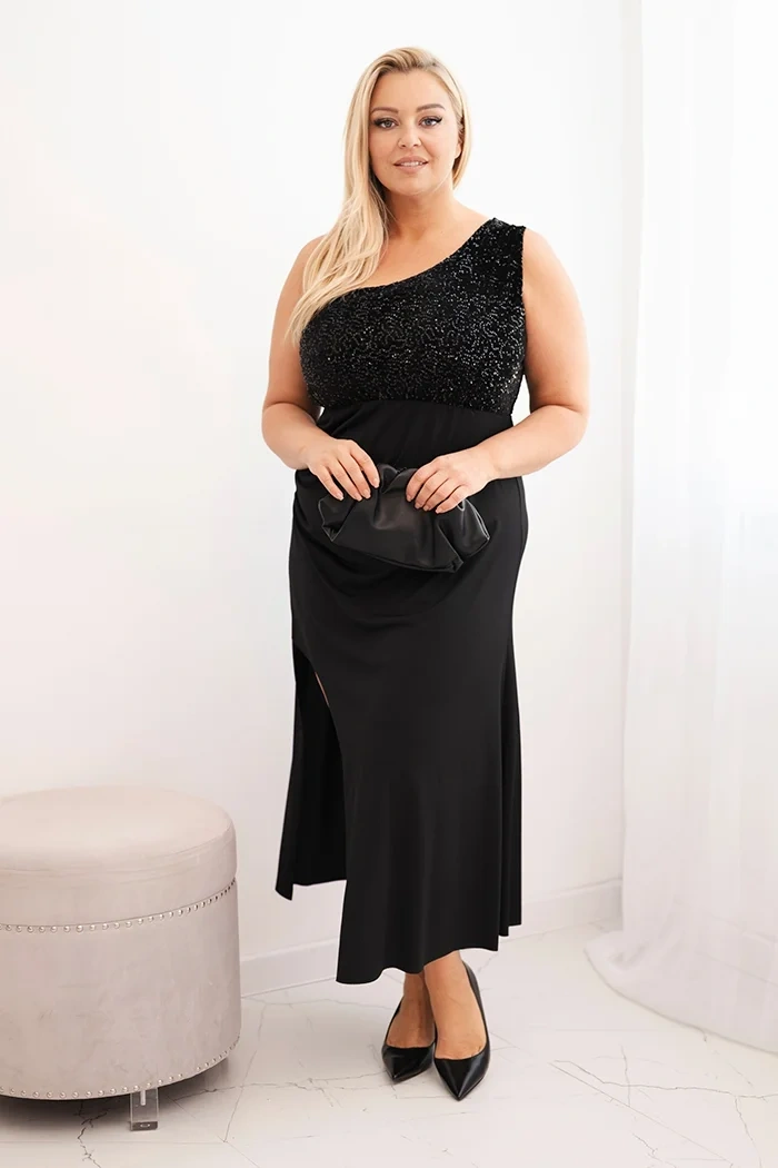 Kesi Włoski Dámska večerná šaty Plus Size na jedno rameno čierna