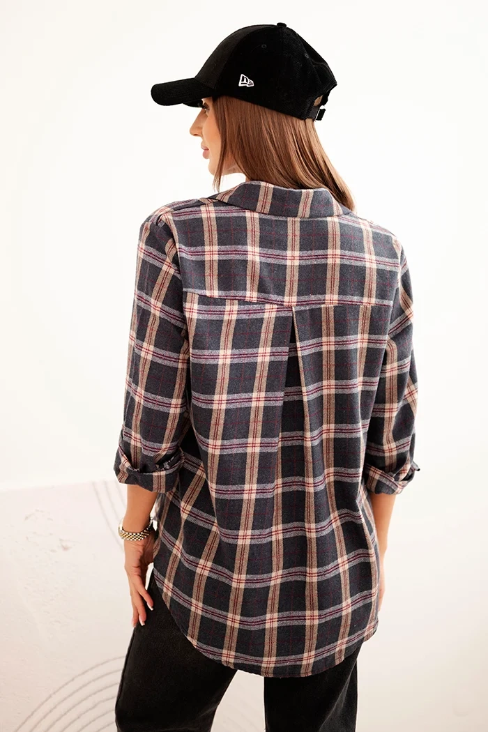 Kesi Włoski Women's cotton checkered shirt with a longer back graphite