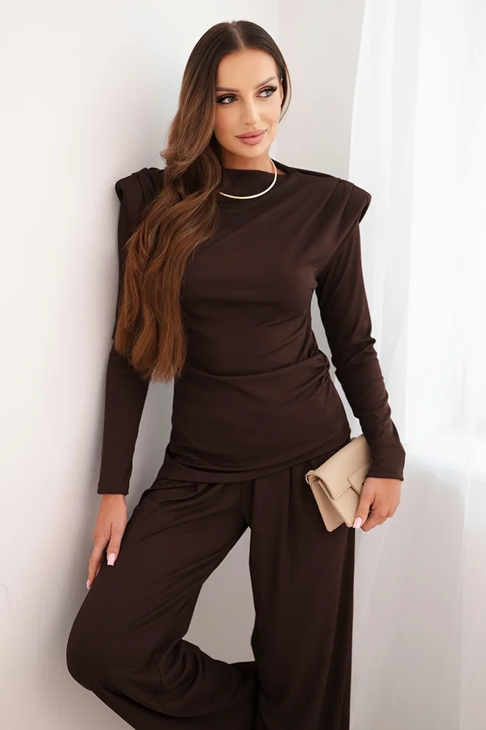 Kesi Włoski Women&#039;s cotton set with a top and wide-leg pants brown